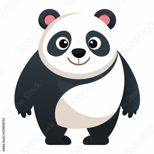 A large panda with a gentle smile walks directly towards the viewer against a white background.