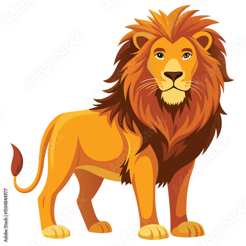 A powerful lion with a magnificent mane stands alert against a white background, looking to the right