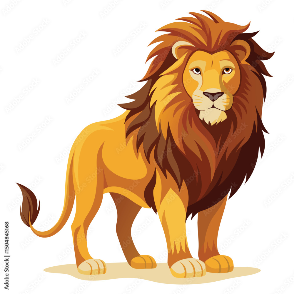 Obraz premium A powerful lion with a magnificent mane stands alert against a white background, looking to the right