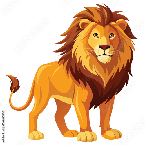 A powerful lion with a magnificent mane stands alert against a white background, looking to the right