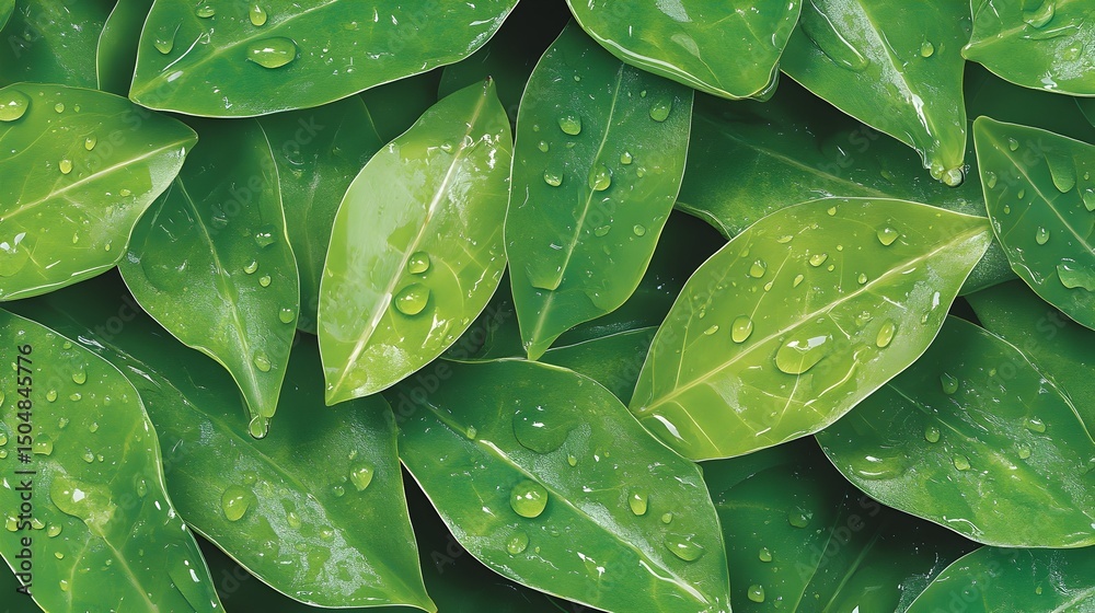 Fototapeta premium Close-up of lush green leaves, covered in water droplets
