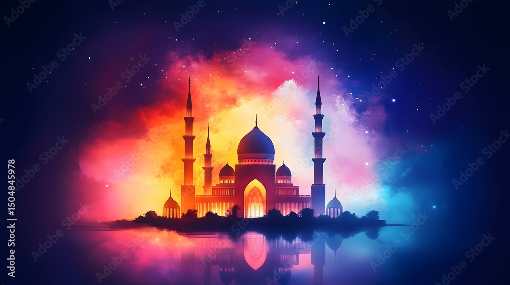Obraz premium Mosque at night, vibrant colors, starlit sky