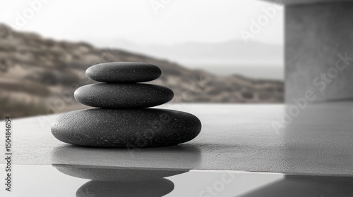 serene harmony: a balanced stack of smooth river stones symbolizes tranquility and equilibrium against a muted landscape backdrop for mindful reflection and visual meditation