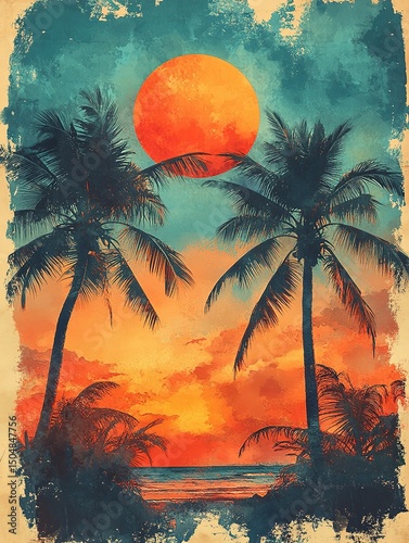 Vibrant tropical beach sunset with swaying palm trees watercolor texture, vintage postcard style paradise vacation illustration. Tranquil coastal scene
