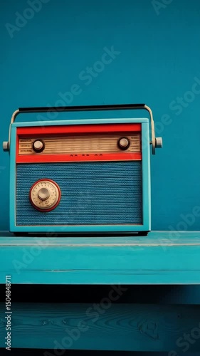 Vintage-style radio in blues and reds on a matching wooden surface against a blue background