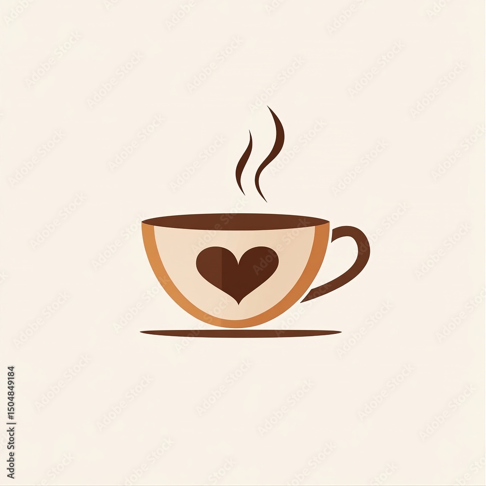 Obraz premium Minimalist flat style illustration of a cup of coffee with heart-shaped steam rising from it in warm brown and cream tones, perfect for cafe branding, logo design or cozy beverage packaging.
