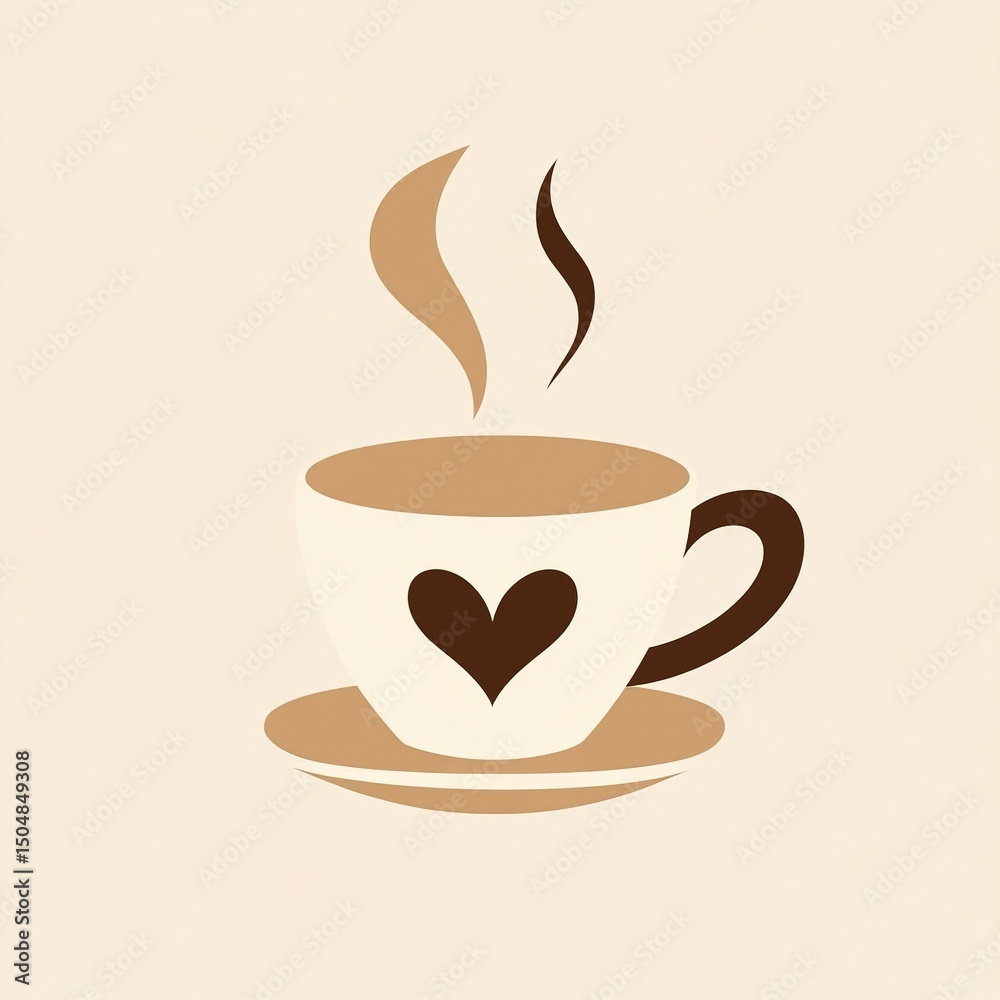 Obraz premium Minimalist flat style illustration of a cup of coffee with heart-shaped steam rising from it in warm brown and cream tones, perfect for cafe branding, logo design or cozy beverage packaging.