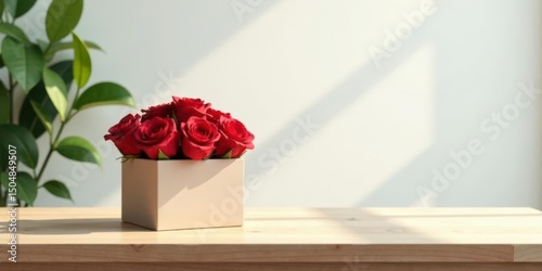 Sunlit Wooden Tabletop Displaying a Delicate Arrangement of Crimson Roses in a Subtle Beige Box