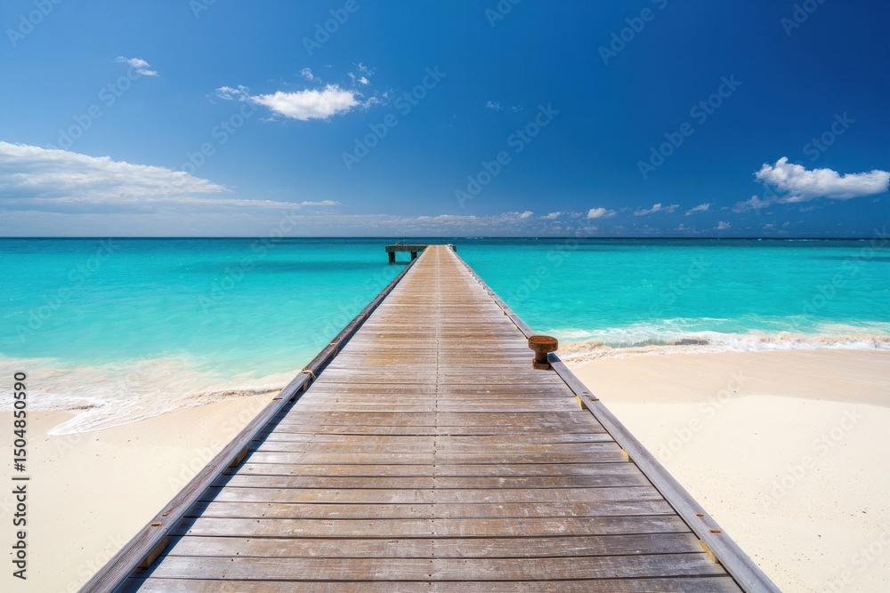 Obraz premium Wooden Pier Extending to Turquoise Ocean on a Sunny Day