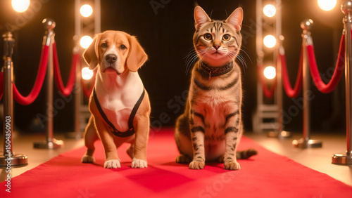 Adorable Dog and Cat Posing Together on Red Carpet with Spotlight Highlights in Studio Setting