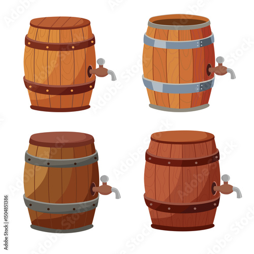 Wooden beer or wine barrel. Classic wooden cask with tap, vintage  barrel, decorative old-style beer or wine cask. Flat vector in cartoon style.
