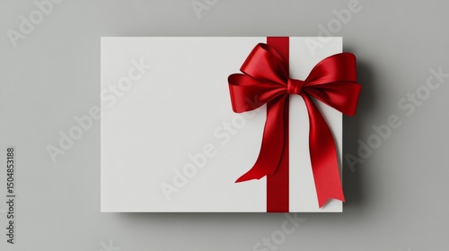 3D Render Gift Card Mockup with Red Ribbon on Grey Background Top View