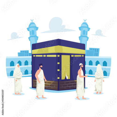 Muslim Hajj pilgrimage walking around kaaba vector illustration
