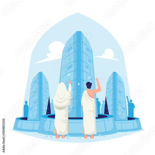 Muslims perform Hajj throwing pebbles at Jumrah pillar vector illustration