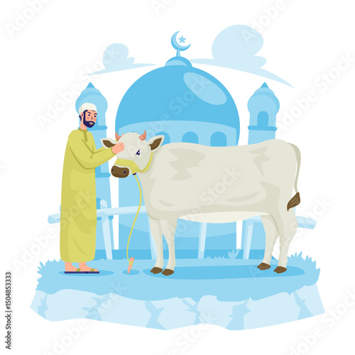 A Muslim with his cow for Eid Qurban tradition vector illustration