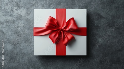 3D Render Gift Card Mockup with Red Ribbon on Grey Background Top View