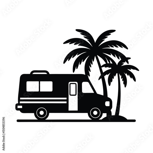 Camper van parked next to palm tree vector silhouette
