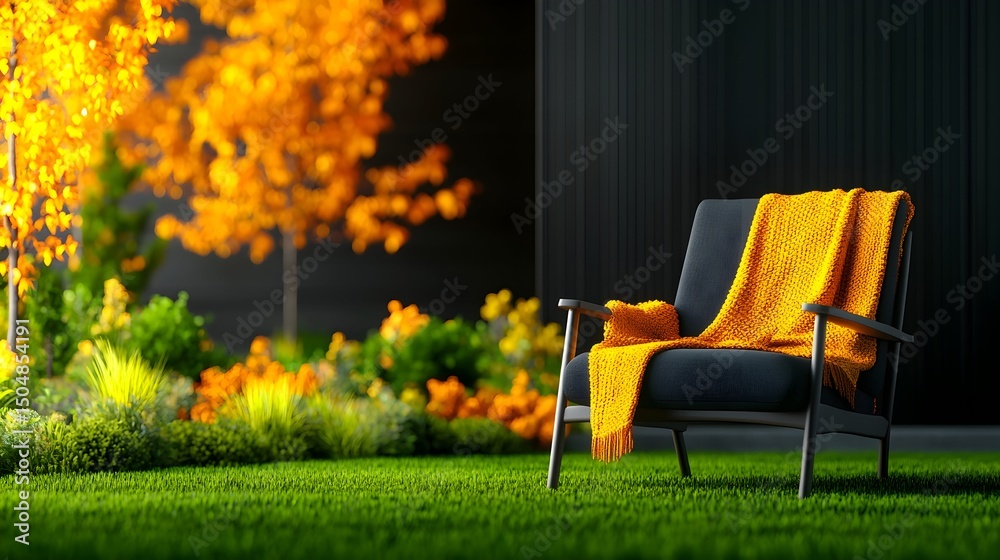 Fototapeta premium Outdoor armchair with orange blanket in garden setting