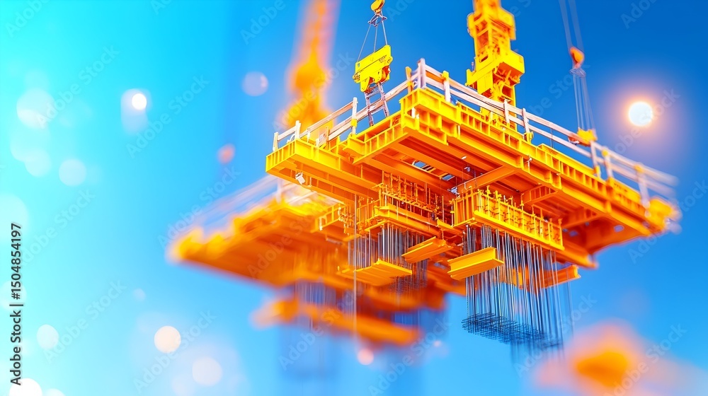 Orange construction platform lifted by crane, bright blue sky Orange construction platform lifted by crane, bright blue sky