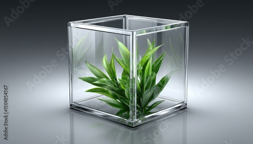 A green plant enclosed in a transparent glass cube with a reflective surface beneath it.