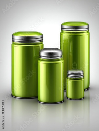 Wallpaper Mural Four green metallic storage jars with silver lids, arranged on a reflective surface against a neutral background. Torontodigital.ca