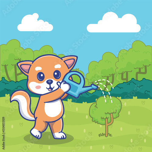 Delightful illustration of cute shiba inu watering a tree, symbolizing care, loyalty, and love for nature. Perfect for environmental campaigns, gardening projects, pet themed design.