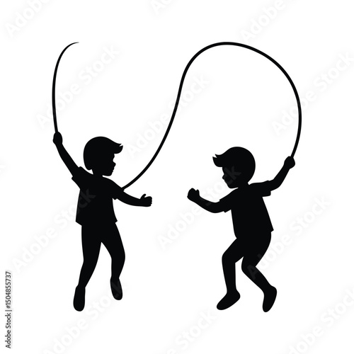 Kids jumping rope together vector silhouette

