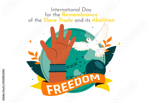 Vector Illustration for the International Day for the Remembrance of the Slave Trade and Its Abolition Featuring a Handcuff and a Dove in a Background