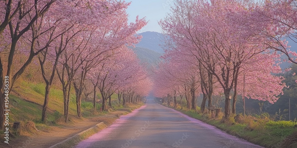Fototapeta premium A breathtaking avenue lined with cherry blossom trees in peak bloom, forming a pink tunnel