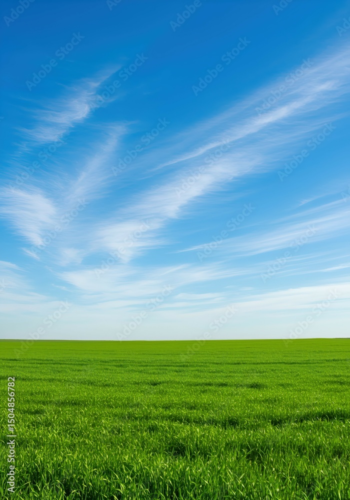 Serene Green Field Under a Vast Blue Sky with Wispy Clouds A Breathtaking Nature Landscape Serene Green Field Under a Vast Blue Sky with Wispy Clouds A Breathtaking Nature Landscape