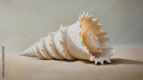 Close-Up of a Seashell on Sand with Soft Beige Gradient Background Delicate Texture and Natural Beauty