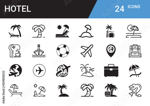 Hotel Icons: A comprehensive collection of hotel-related icons, ideal for travel and accommodation themes, offering versatility in design.