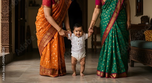 Babys First Steps Supported by Love and Tradition in India