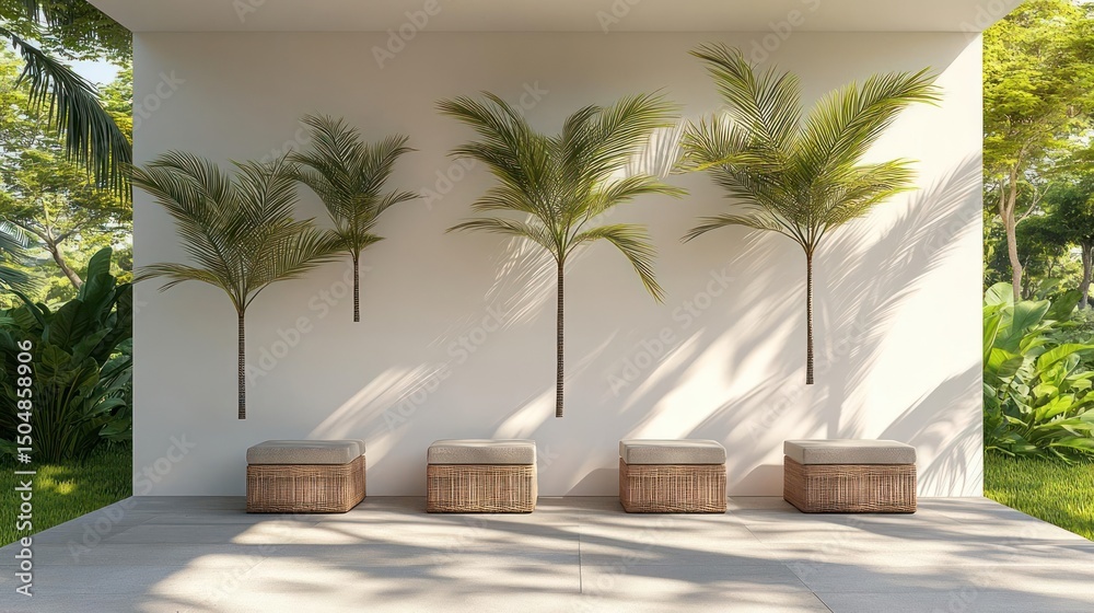 Fototapeta premium Palm trees and seating in a tranquil garden setting.