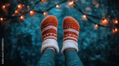 Warm socks and lights, a cozy winter scene.