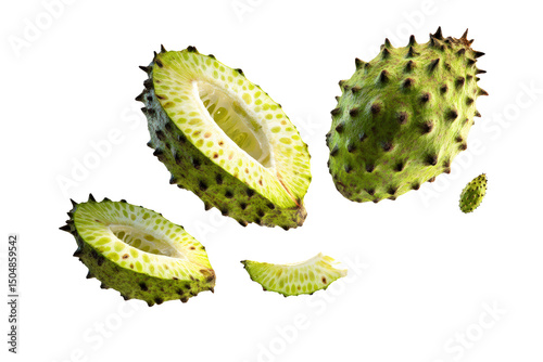 Whole soursop with spiral peel start isolated on transparent background emphasizes tropical custard flavour for probiotic drink labels