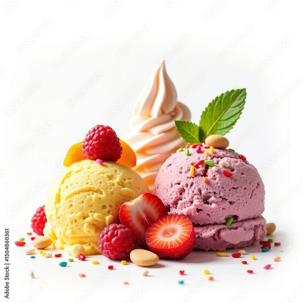 Creamy scoops of ice cream with fresh fruit and berries, a delicious cold dessert Creamy scoops of ice cream with fresh fruit and berries, a delicious cold dessert