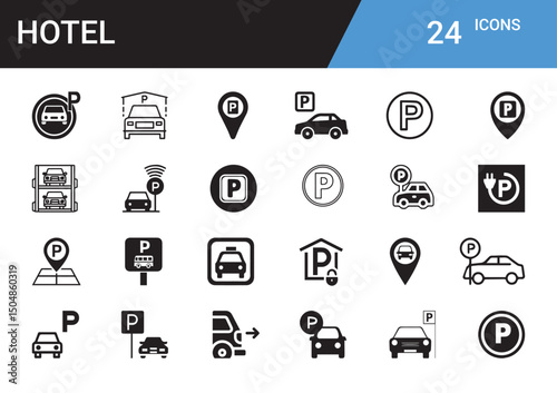 Hotel Icons: Set of 24 minimalist hotel icons in a clean and contemporary design, perfectly suited for modern applications. The icons depict a variety of parking related services.