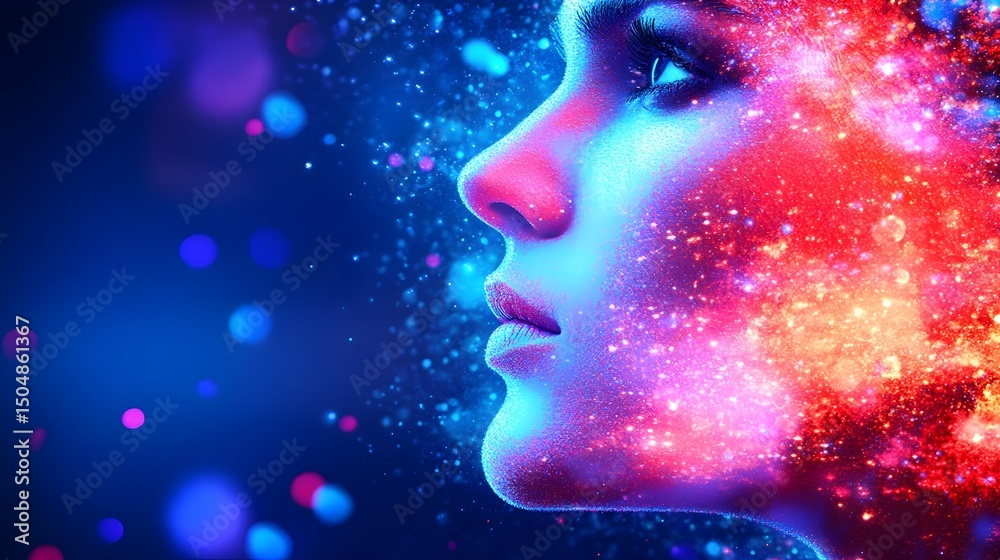 Neon woman's profile, glowing particles Neon woman's profile, glowing particles