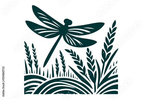 Dragonfly Hand Drawn Natural Illustration Stylized as Linocut Vector Isolated by AZ for Books, Arts, Design and Decoration Graphic Asset