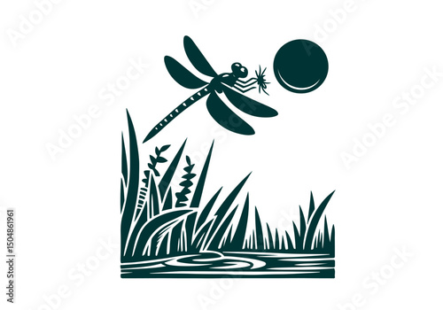 Dragonfly Hand Drawn Natural Illustration Stylized as Linocut Vector Isolated by AZ for Books, Arts, Design and Decoration Graphic Asset