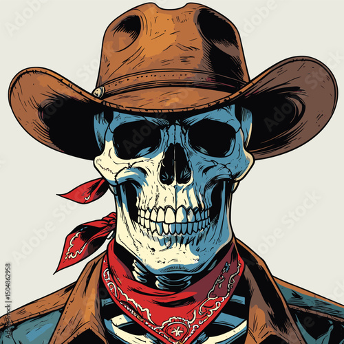 skull wearing a comic book style cowboy hat