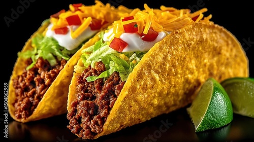 Delicious tacos with meat, cheese, lettuce, and a lime.