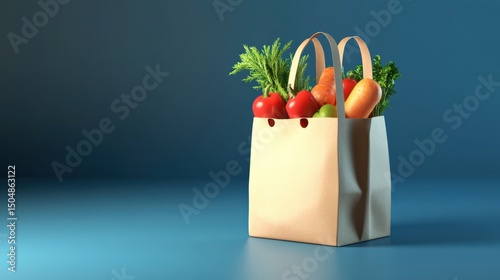 A paper bag filled with fresh vegetables and fruits against a blue background, ideal for healthy living