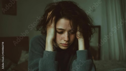 Worried young woman in grey sweater with hands on head sitting on bed indoors feeling hopeless and depressed in low light room.