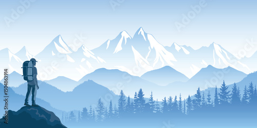 A tourist meets the sunrise in the mountains, hiking, adventure tourism and travel, vector illustration