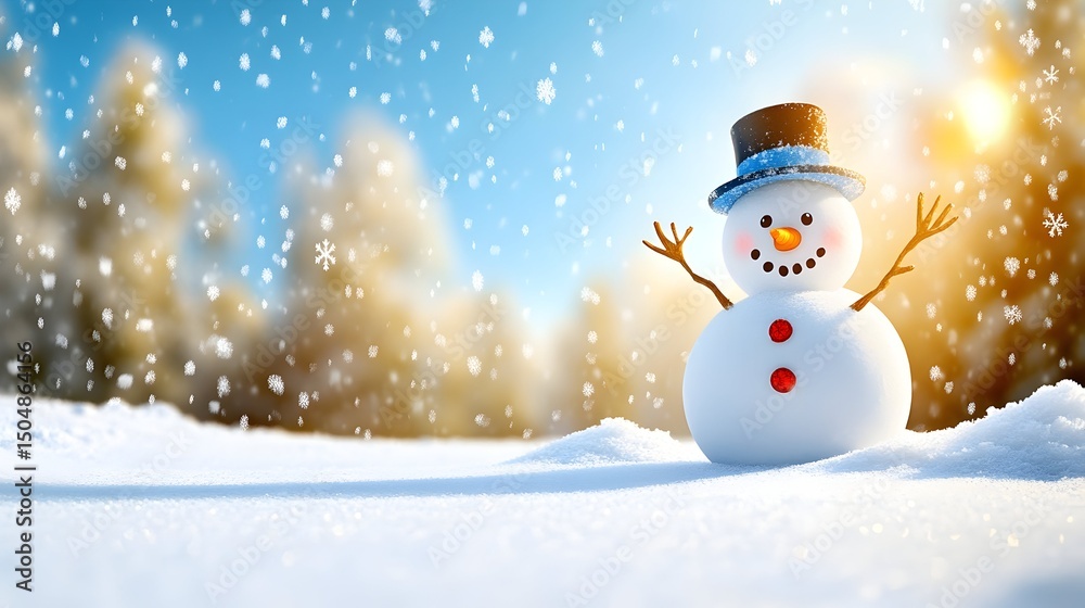 Fototapeta premium Smiling snowman in snowy landscape