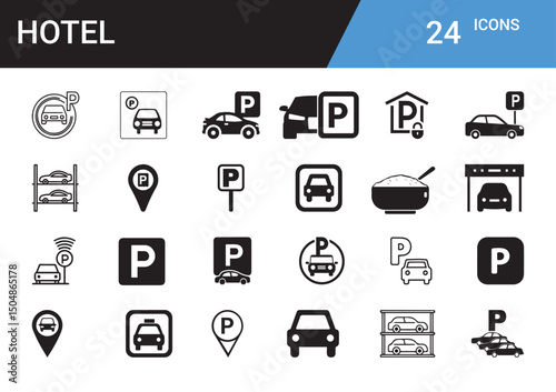 Hotel Icons Set: A comprehensive set of 24 hotel icons, presented in a minimalist black and white design, perfect for a wide range of digital and print applications.