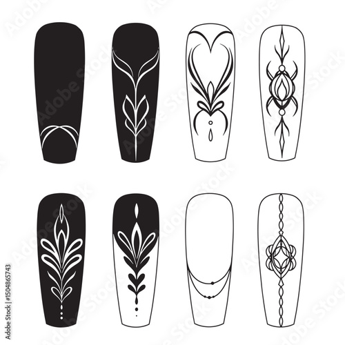 Decorative nail designs in silhouette style black and white artistic patterns perfect for salon advertisements and beauty care