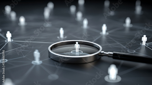 Magnifying Glass Centered on a Human Figure Icon within a Network of Connected People Icons on a Dark Background.
